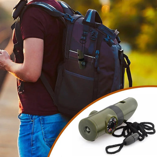 7 in 1 Outdoor Whistle Kit with Compass, LED Light and Thermometer, Camping Gear Accessory,