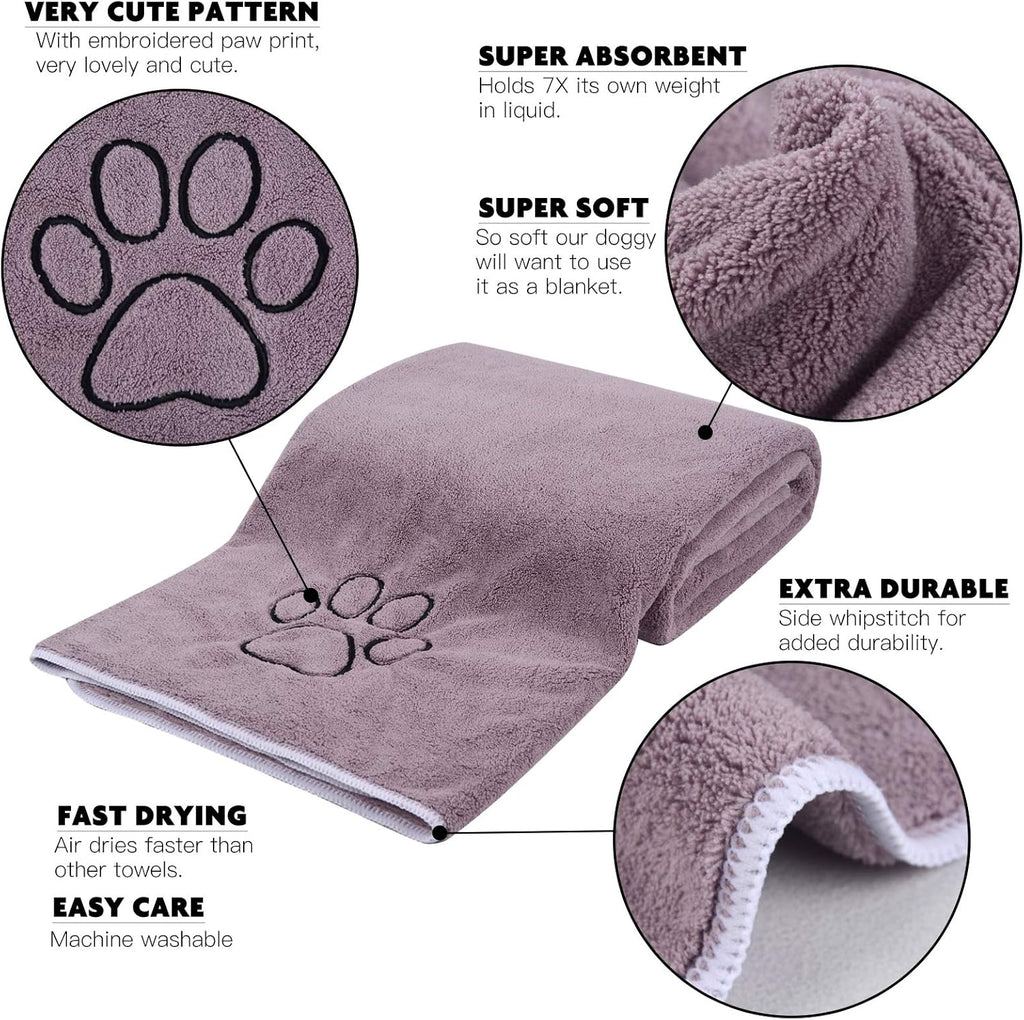 Dog Towel Absorbent Microfiber Pet Bath Towel for Dogs & Cats Purple | Quick Dry Dog Drying Towel Large 30X50 Inch with Paw Print, Machine Washable