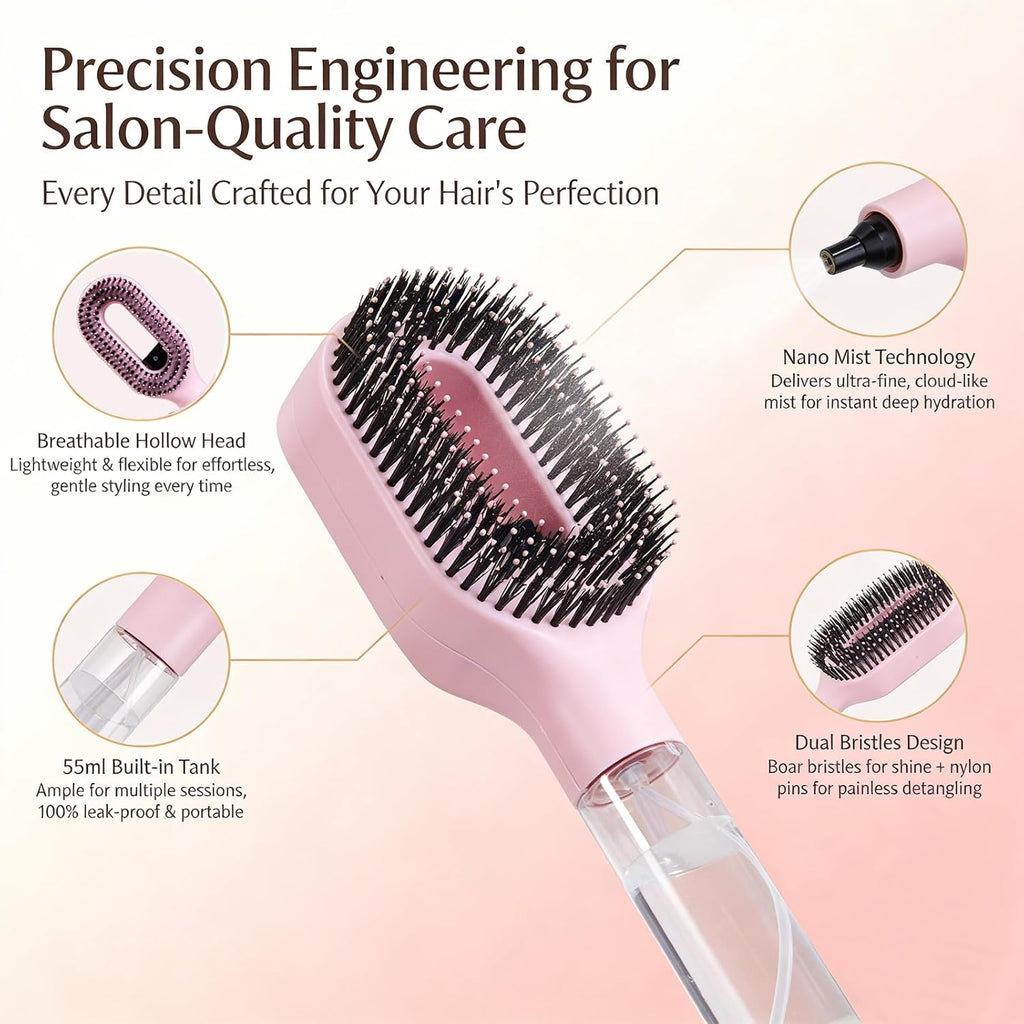 2-In-1 Detangler Brush, Hair Brush with Water Spray | Detangling Brush with Built-In 50Ml Water Mister, Brush with Water Spray Helps Reduce Frizz for Curly, Thick & Fine Hair