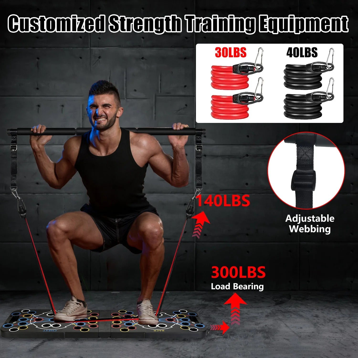 Multifunctional Push up Board Home Strength Training Equipment with 15 Fitness Accessories Pilates Bar Resistance Band Roller Wheel Full Body Workout Home Gym Equipment