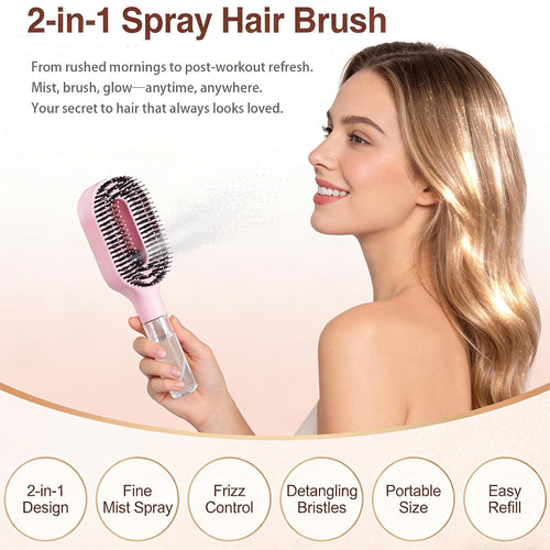 2-In-1 Detangler Brush, Hair Brush with Water Spray | Detangling Brush with Built-In 50Ml Water Mister, Brush with Water Spray Helps Reduce Frizz for Curly, Thick & Fine Hair