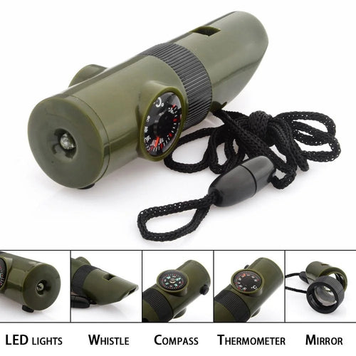 7 in 1 Outdoor Whistle Kit with Compass, LED Light and Thermometer, Camping Gear Accessory,