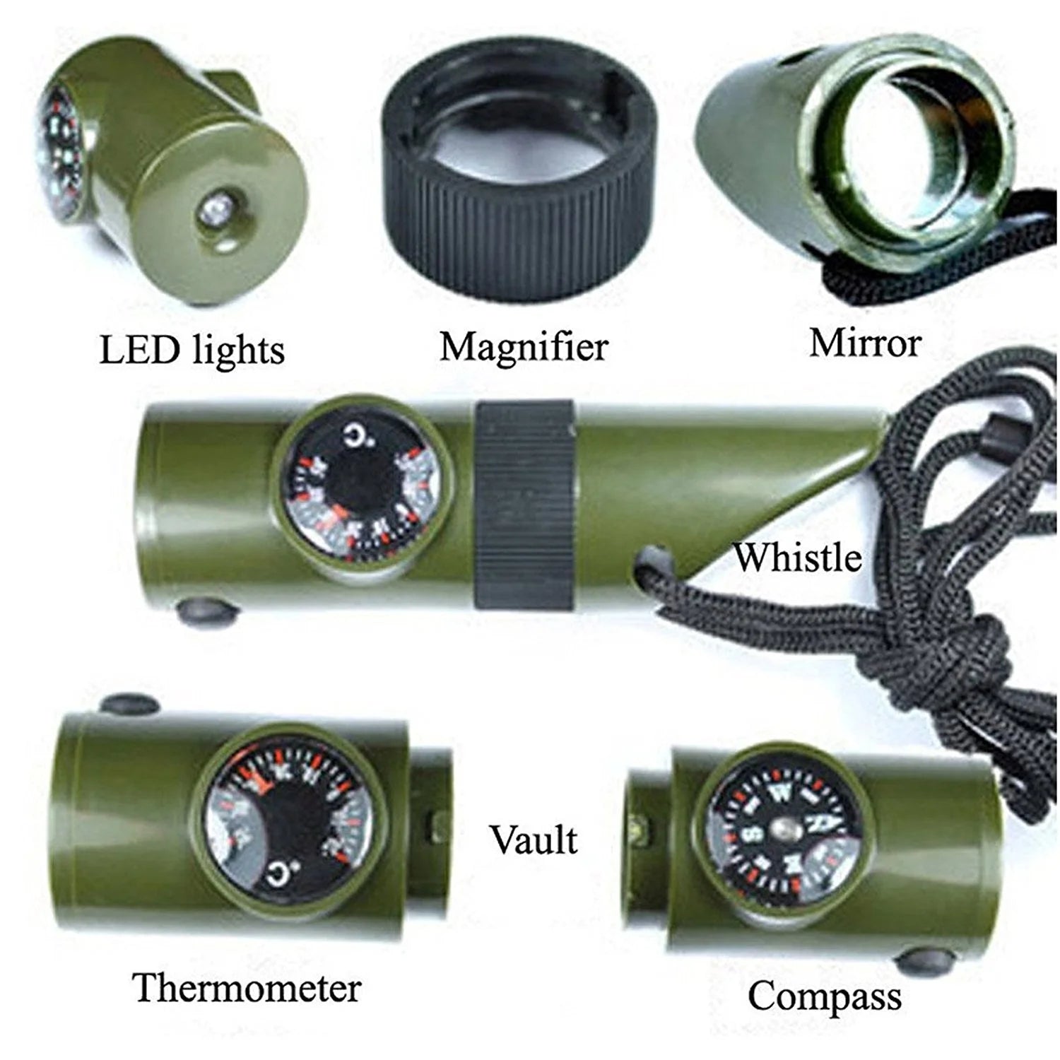 7 in 1 Outdoor Whistle Kit with Compass, LED Light and Thermometer, Camping Gear Accessory,