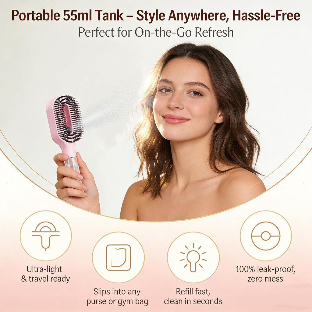 2-In-1 Detangler Brush, Hair Brush with Water Spray | Detangling Brush with Built-In 50Ml Water Mister, Brush with Water Spray Helps Reduce Frizz for Curly, Thick & Fine Hair