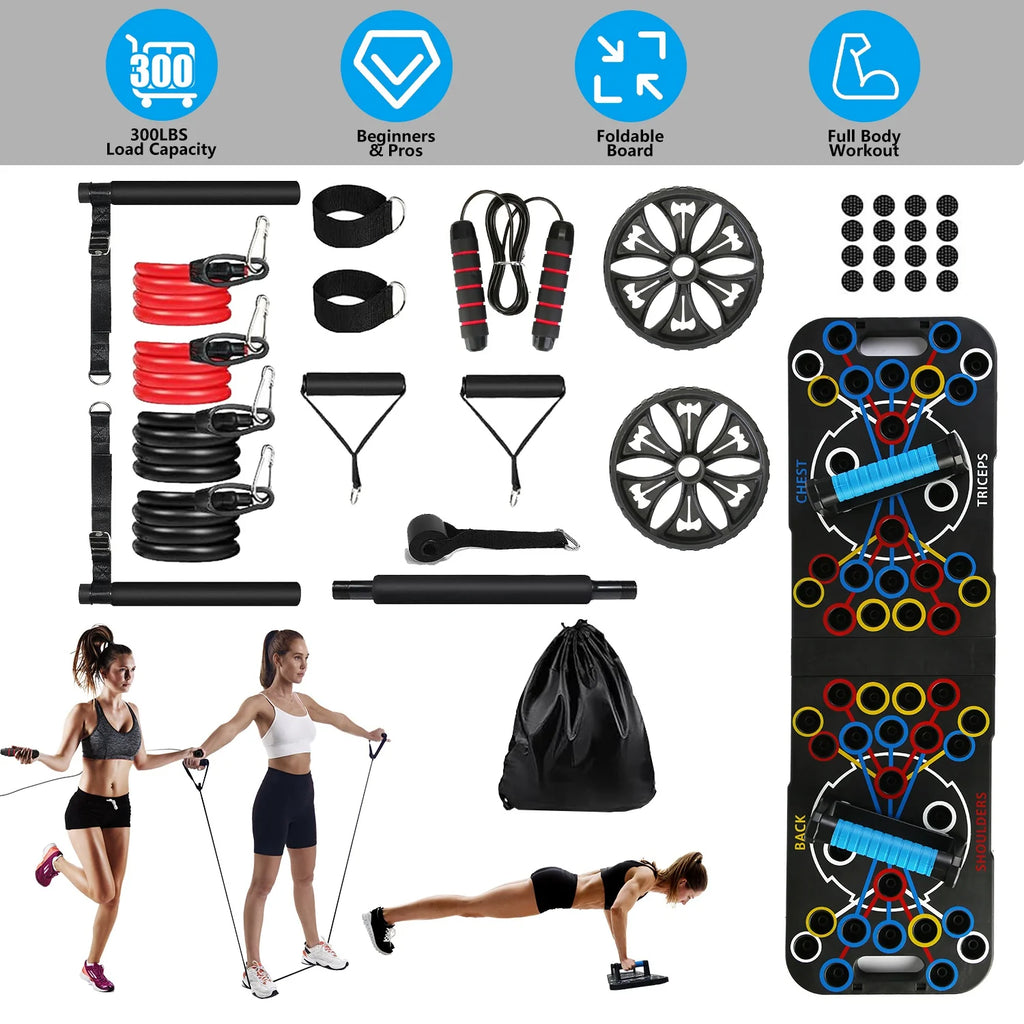 Multifunctional Push up Board Home Strength Training Equipment with 15 Fitness Accessories Pilates Bar Resistance Band Roller Wheel Full Body Workout Home Gym Equipment
