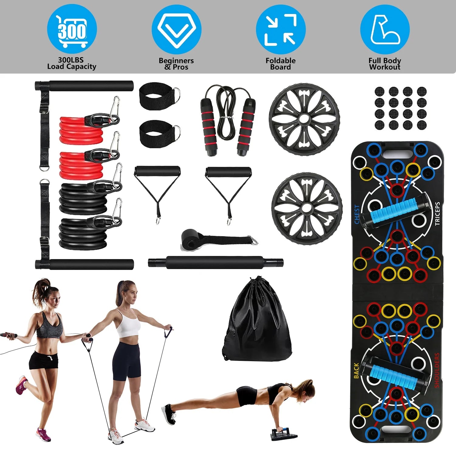 Multifunctional Push up Board Home Strength Training Equipment with 15 Fitness Accessories Pilates Bar Resistance Band Roller Wheel Full Body Workout Home Gym Equipment