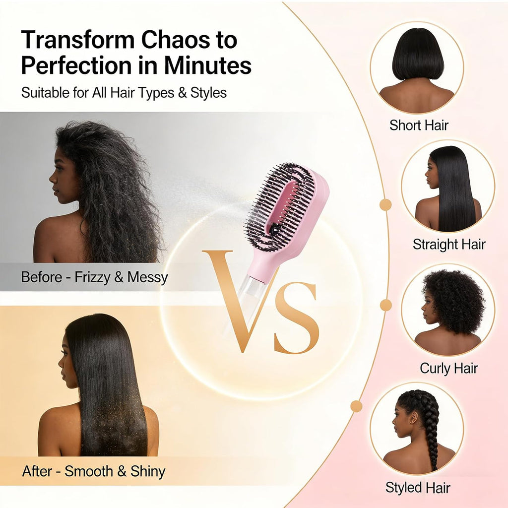 2-In-1 Detangler Brush, Hair Brush with Water Spray | Detangling Brush with Built-In 50Ml Water Mister, Brush with Water Spray Helps Reduce Frizz for Curly, Thick & Fine Hair