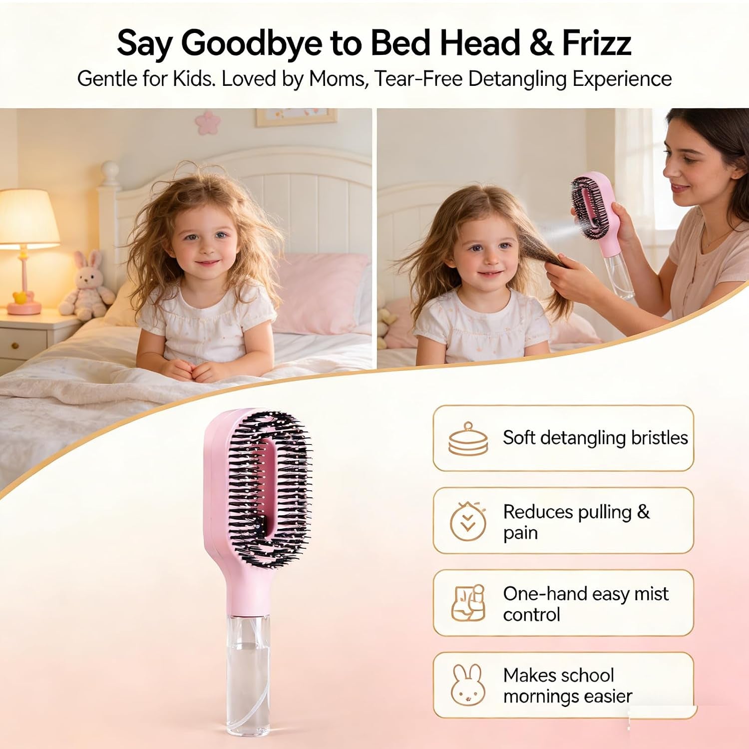 2-In-1 Detangler Brush, Hair Brush with Water Spray | Detangling Brush with Built-In 50Ml Water Mister, Brush with Water Spray Helps Reduce Frizz for Curly, Thick & Fine Hair