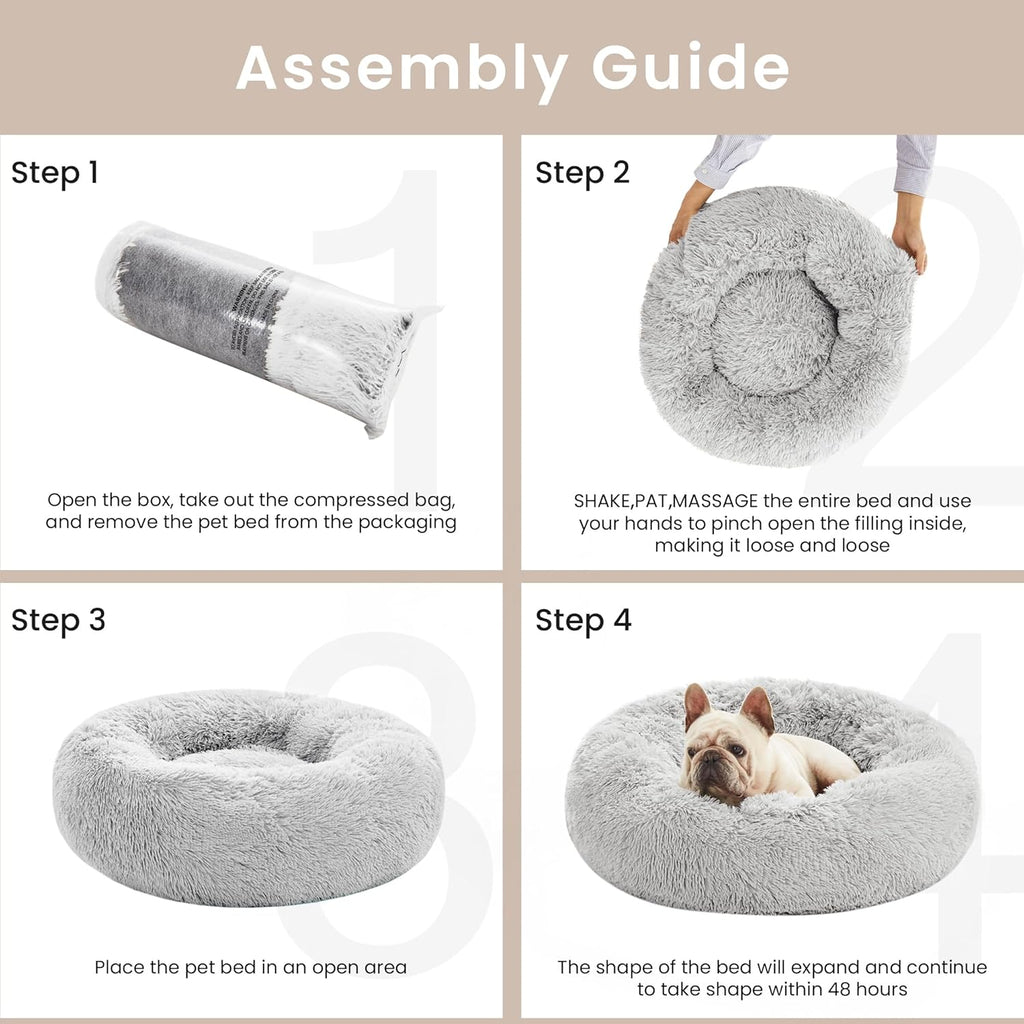 Calming Cat Bed for Indoor Cats, Anti-Anxiety Donut round Dog Bed,Fluffy Faux Fur Washable Pet Bed for Small Medium Dogs and Cats, Grey, 24In