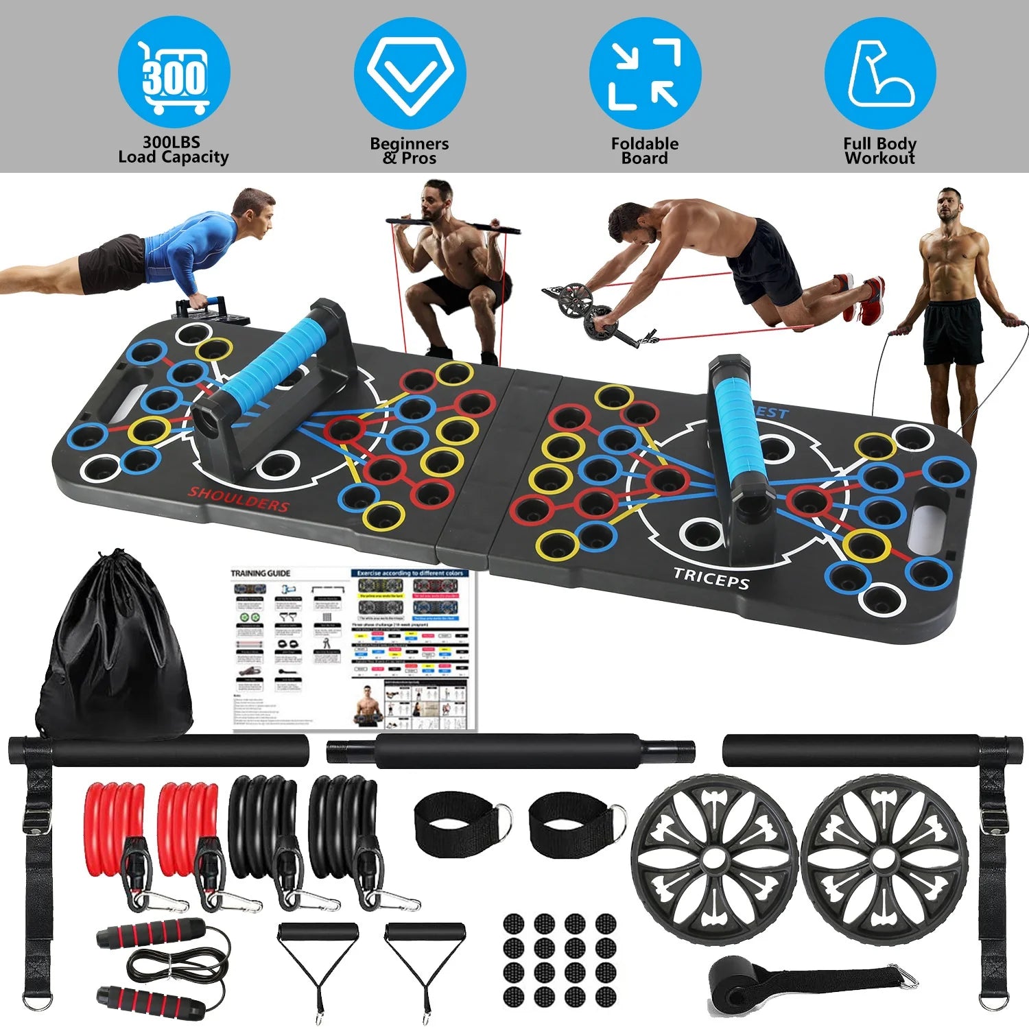 Multifunctional Push up Board Home Strength Training Equipment with 15 Fitness Accessories Pilates Bar Resistance Band Roller Wheel Full Body Workout Home Gym Equipment